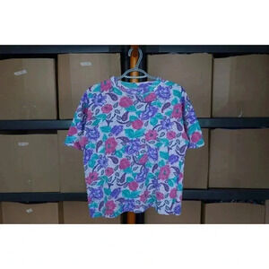 90s Floral Art AOP Vintage Tee L Cropped Boxy Fit
